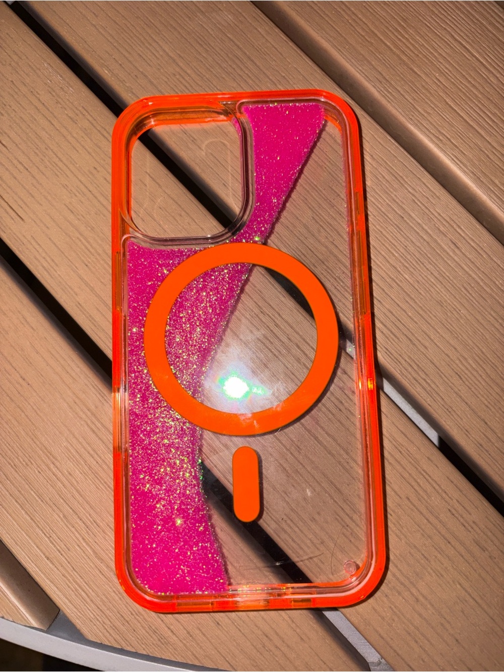 Pink Glitter Clear Phone Case with Orange MagSafe Ring